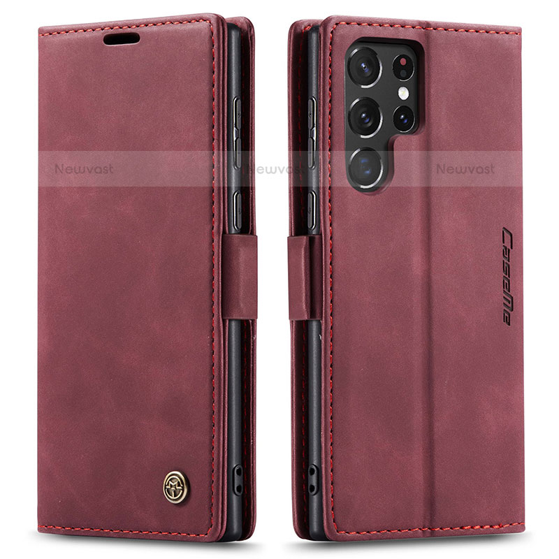 Leather Case Stands Flip Cover Holder C03S for Samsung Galaxy S21 Ultra 5G Red Wine