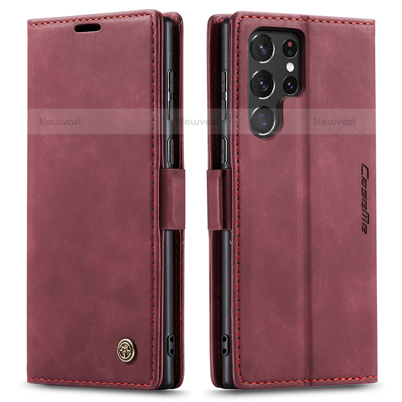 Leather Case Stands Flip Cover Holder C03S for Samsung Galaxy S22 Ultra 5G Red Wine