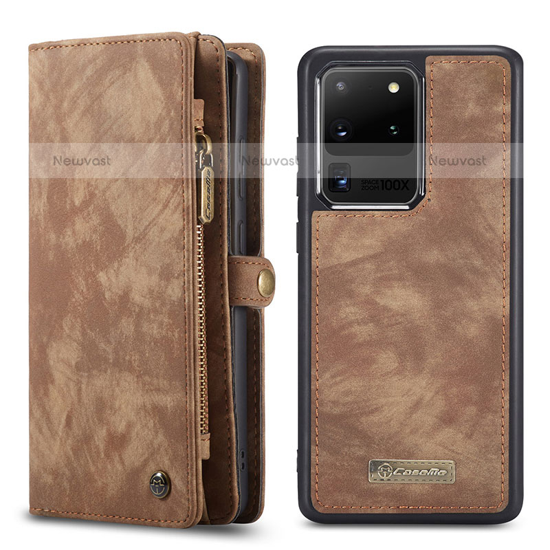 Leather Case Stands Flip Cover Holder C05S for Samsung Galaxy S20 Ultra 5G Brown
