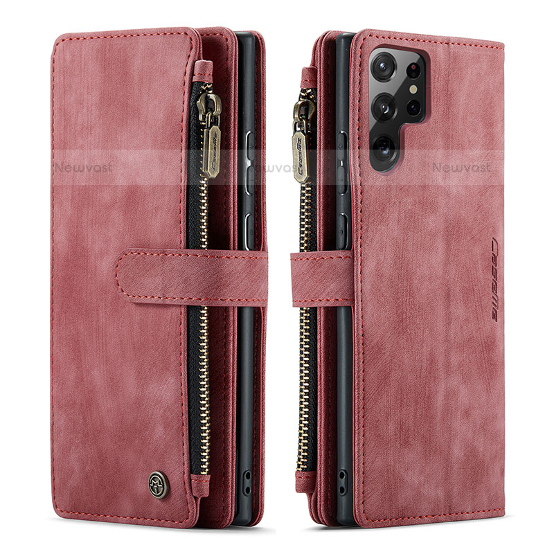 Leather Case Stands Flip Cover Holder C06S for Samsung Galaxy S21 Ultra 5G Red