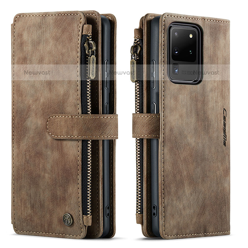 Leather Case Stands Flip Cover Holder C07S for Samsung Galaxy S20 Ultra Brown