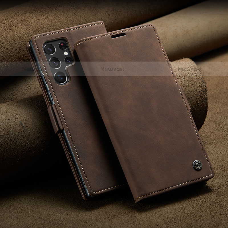 Leather Case Stands Flip Cover Holder C10S for Samsung Galaxy S21 Ultra 5G Brown