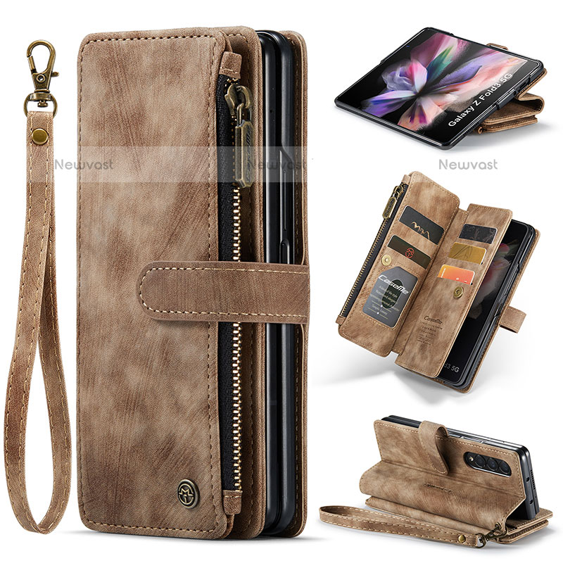 Leather Case Stands Flip Cover Holder CS1 for Samsung Galaxy Z Fold3 5G Brown