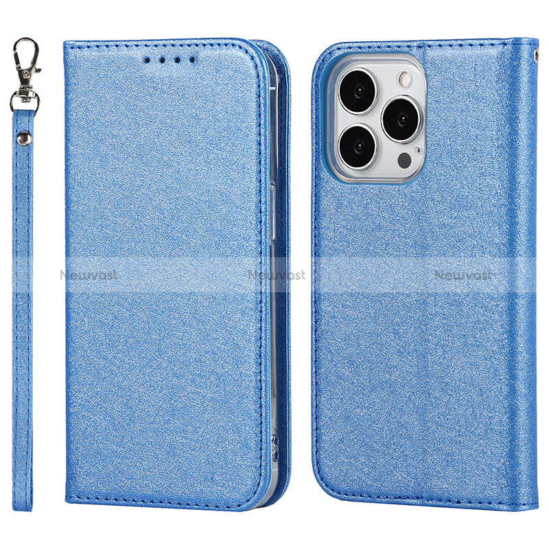 Leather Case Stands Flip Cover Holder D01T for Apple iPhone 13 Pro Blue