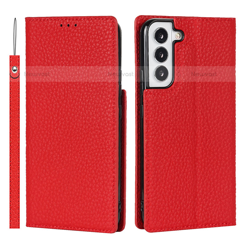 Leather Case Stands Flip Cover Holder D01T for Samsung Galaxy S22 5G Red