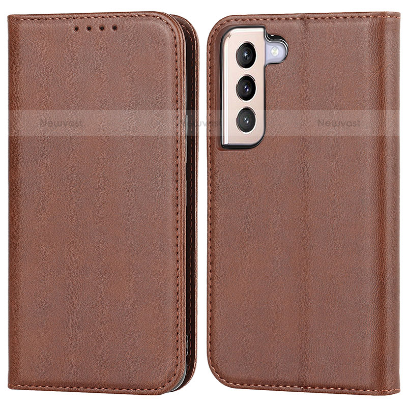 Leather Case Stands Flip Cover Holder D03T for Samsung Galaxy S21 5G Brown