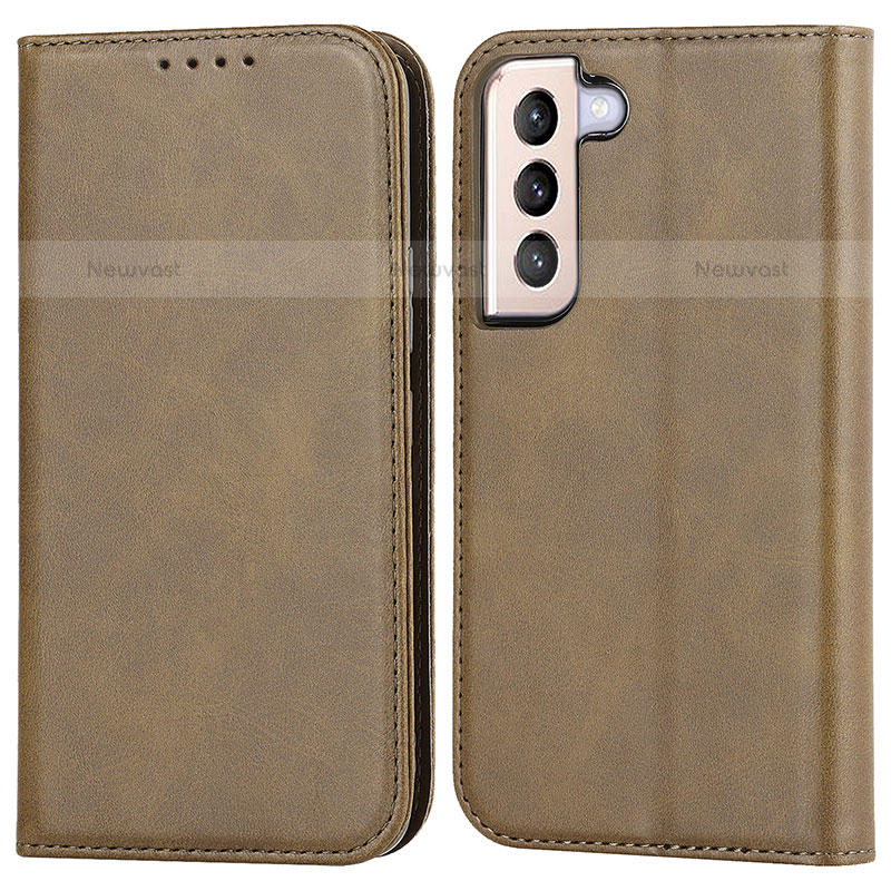 Leather Case Stands Flip Cover Holder D03T for Samsung Galaxy S21 5G Khaki
