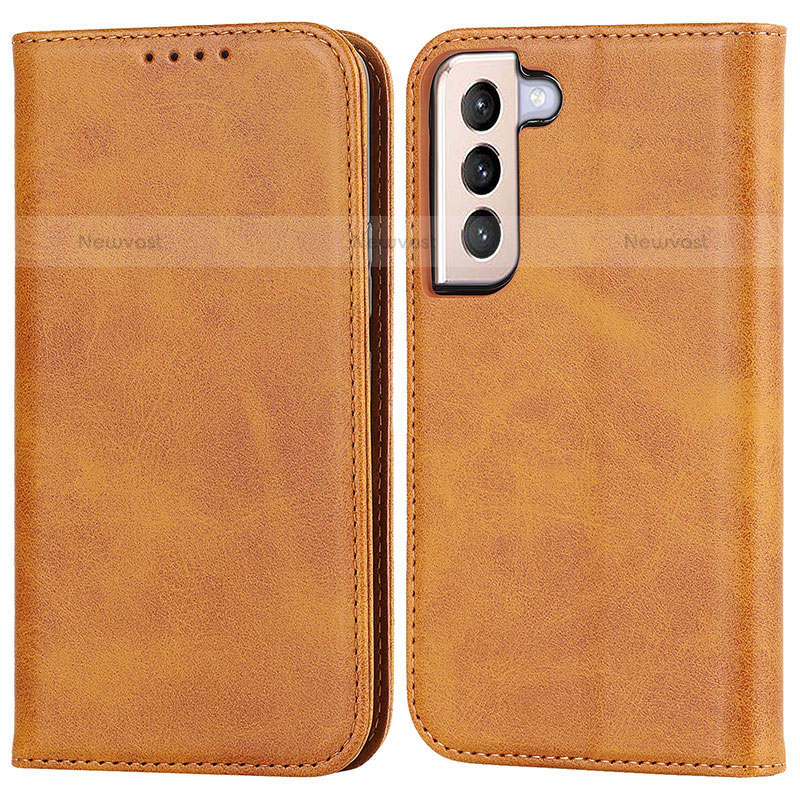 Leather Case Stands Flip Cover Holder D03T for Samsung Galaxy S21 5G Light Brown