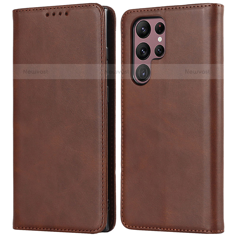 Leather Case Stands Flip Cover Holder D03T for Samsung Galaxy S22 Ultra 5G Brown