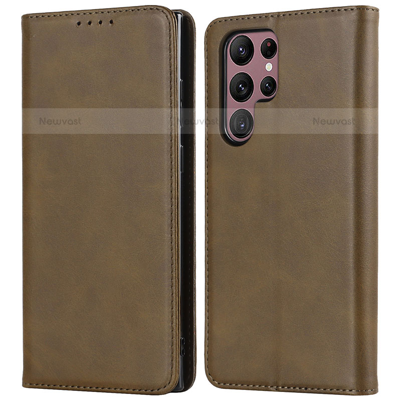 Leather Case Stands Flip Cover Holder D03T for Samsung Galaxy S22 Ultra 5G Khaki