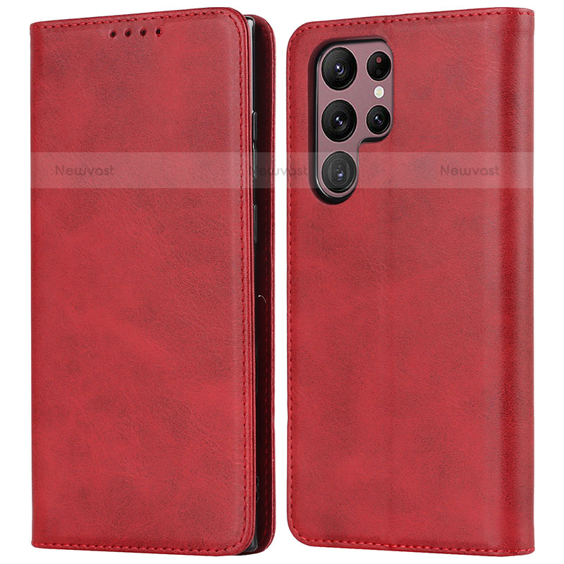 Leather Case Stands Flip Cover Holder D03T for Samsung Galaxy S22 Ultra 5G Red