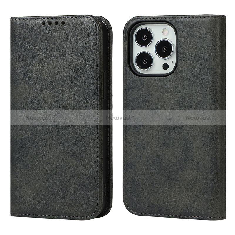 Leather Case Stands Flip Cover Holder D04T for Apple iPhone 14 Pro Black