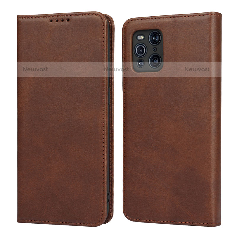 Leather Case Stands Flip Cover Holder D04T for Oppo Find X3 Pro 5G Brown