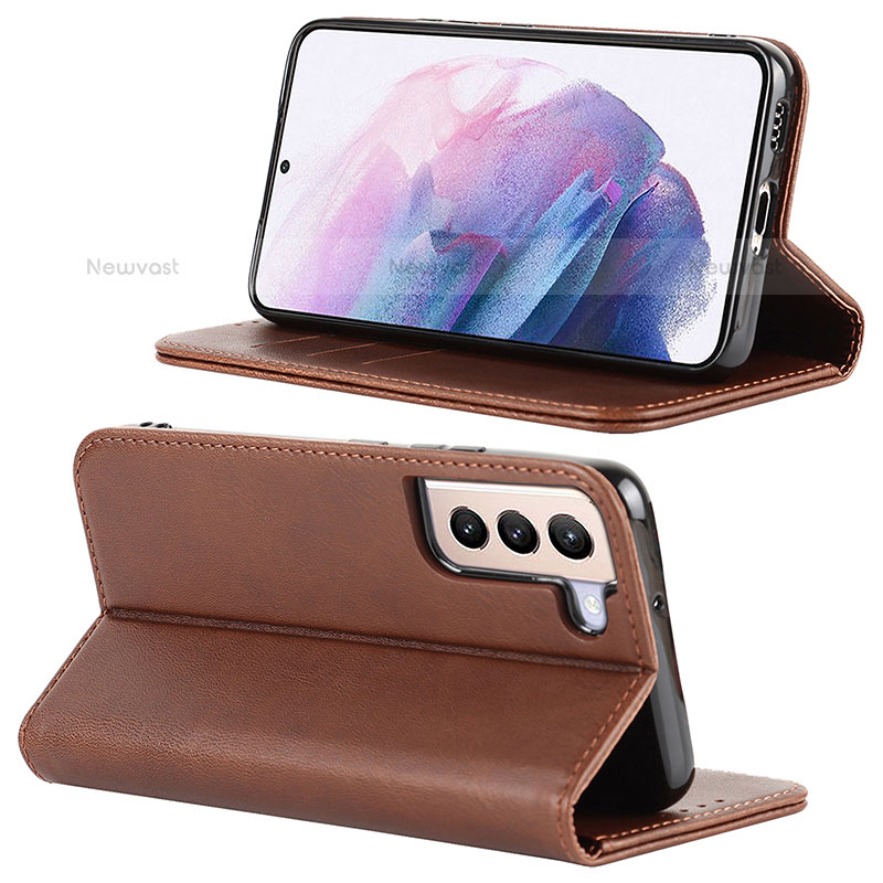 Leather Case Stands Flip Cover Holder D04T for Samsung Galaxy S21 Plus 5G Brown