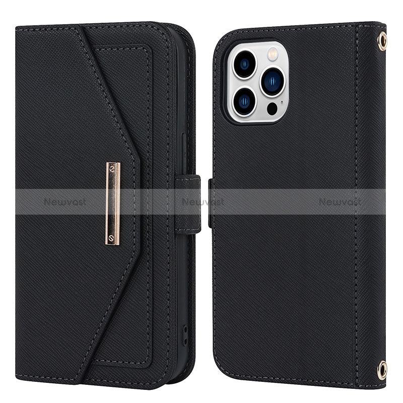 Leather Case Stands Flip Cover Holder D07T for Apple iPhone 13 Pro Black