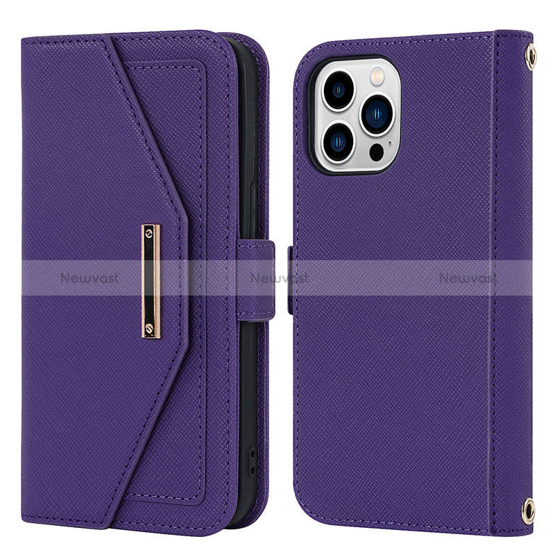 Leather Case Stands Flip Cover Holder D07T for Apple iPhone 13 Pro Purple