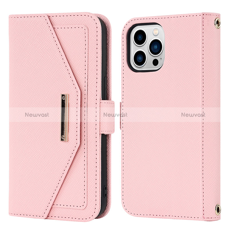 Leather Case Stands Flip Cover Holder D07T for Apple iPhone 13 Pro Rose Gold