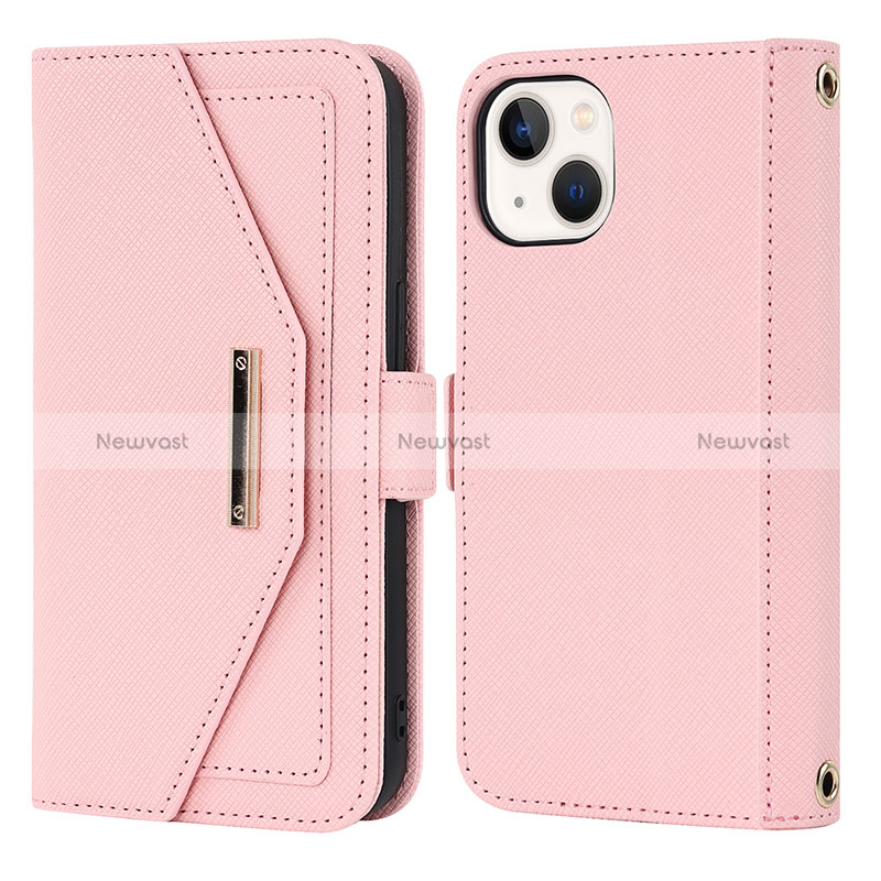 Leather Case Stands Flip Cover Holder D07T for Apple iPhone 14 Plus Rose Gold