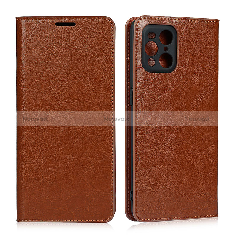 Leather Case Stands Flip Cover Holder D07T for Oppo Find X3 5G Light Brown