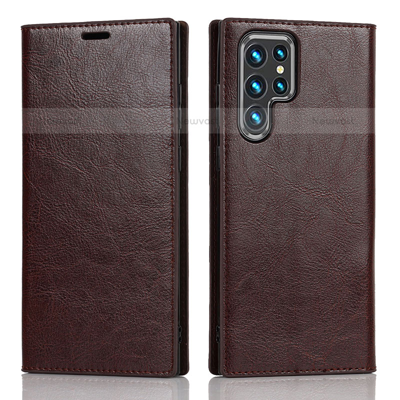 Leather Case Stands Flip Cover Holder D07T for Samsung Galaxy S21 Ultra 5G Brown