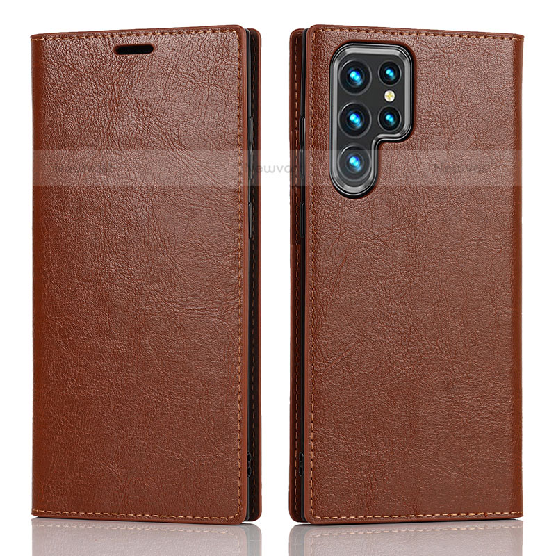 Leather Case Stands Flip Cover Holder D07T for Samsung Galaxy S22 Ultra 5G Light Brown