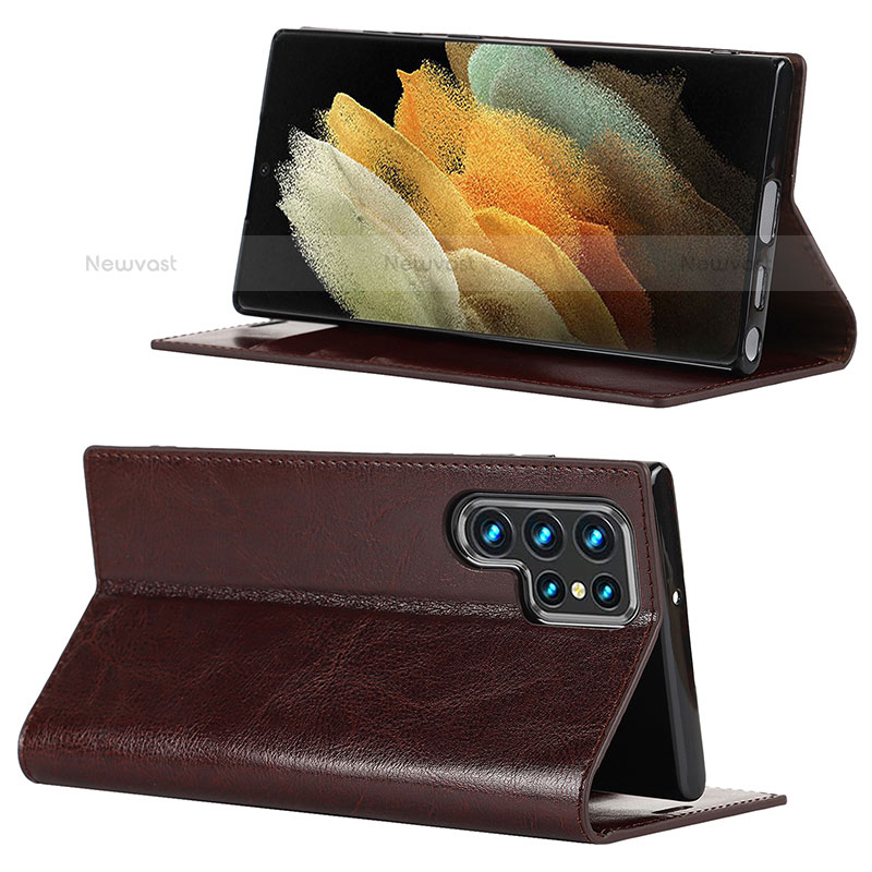 Leather Case Stands Flip Cover Holder D08T for Samsung Galaxy S21 Ultra 5G Brown