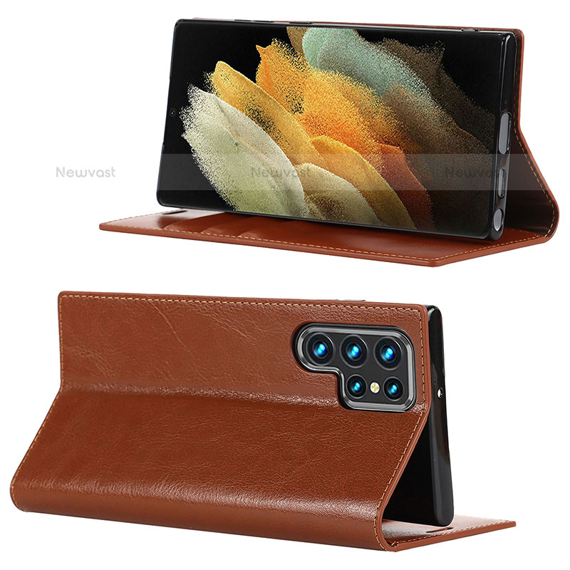 Leather Case Stands Flip Cover Holder D08T for Samsung Galaxy S21 Ultra 5G Light Brown