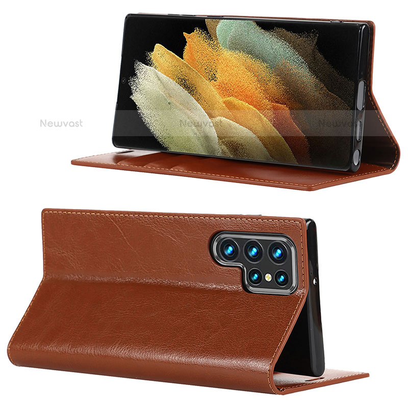 Leather Case Stands Flip Cover Holder D08T for Samsung Galaxy S22 Ultra 5G Light Brown