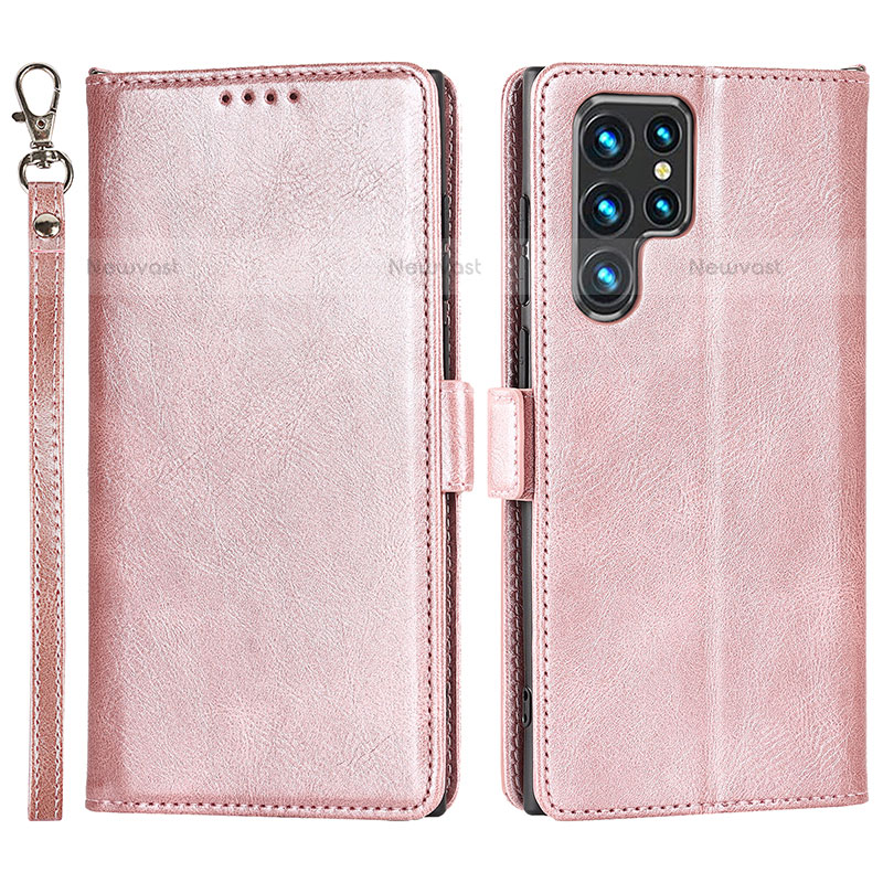 Leather Case Stands Flip Cover Holder D09T for Samsung Galaxy S22 Ultra 5G Rose Gold