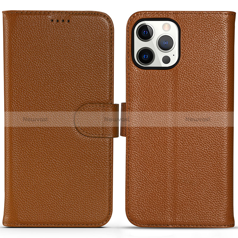 Leather Case Stands Flip Cover Holder DL1 for Apple iPhone 13 Pro Light Brown