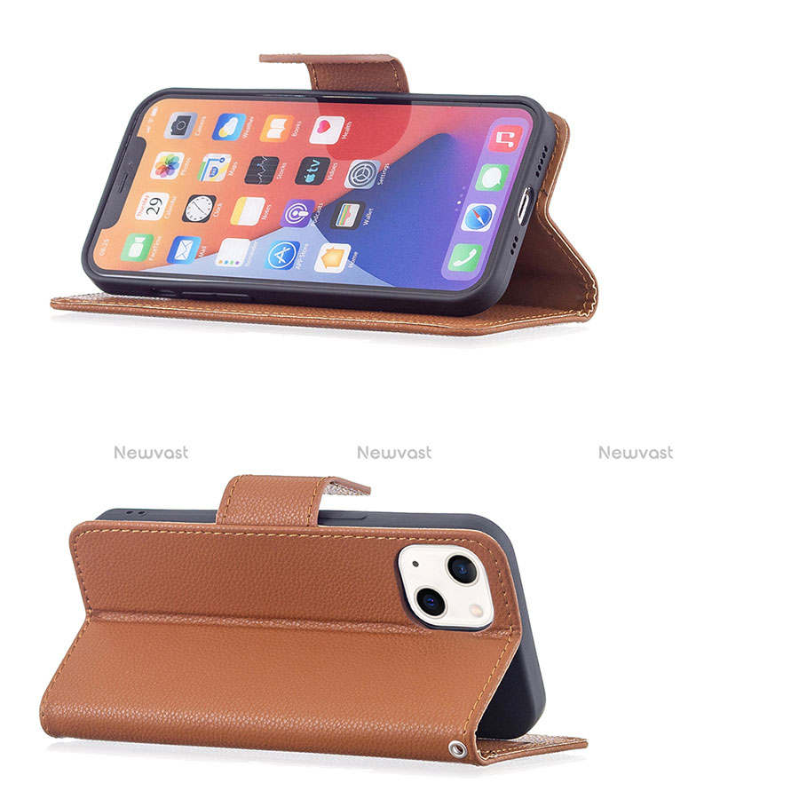 Leather Case Stands Flip Cover Holder for Apple iPhone 13 Brown