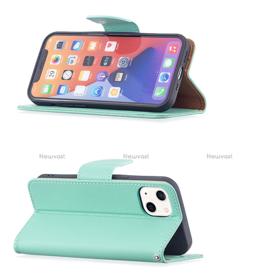 Leather Case Stands Flip Cover Holder for Apple iPhone 13 Mini Cyan