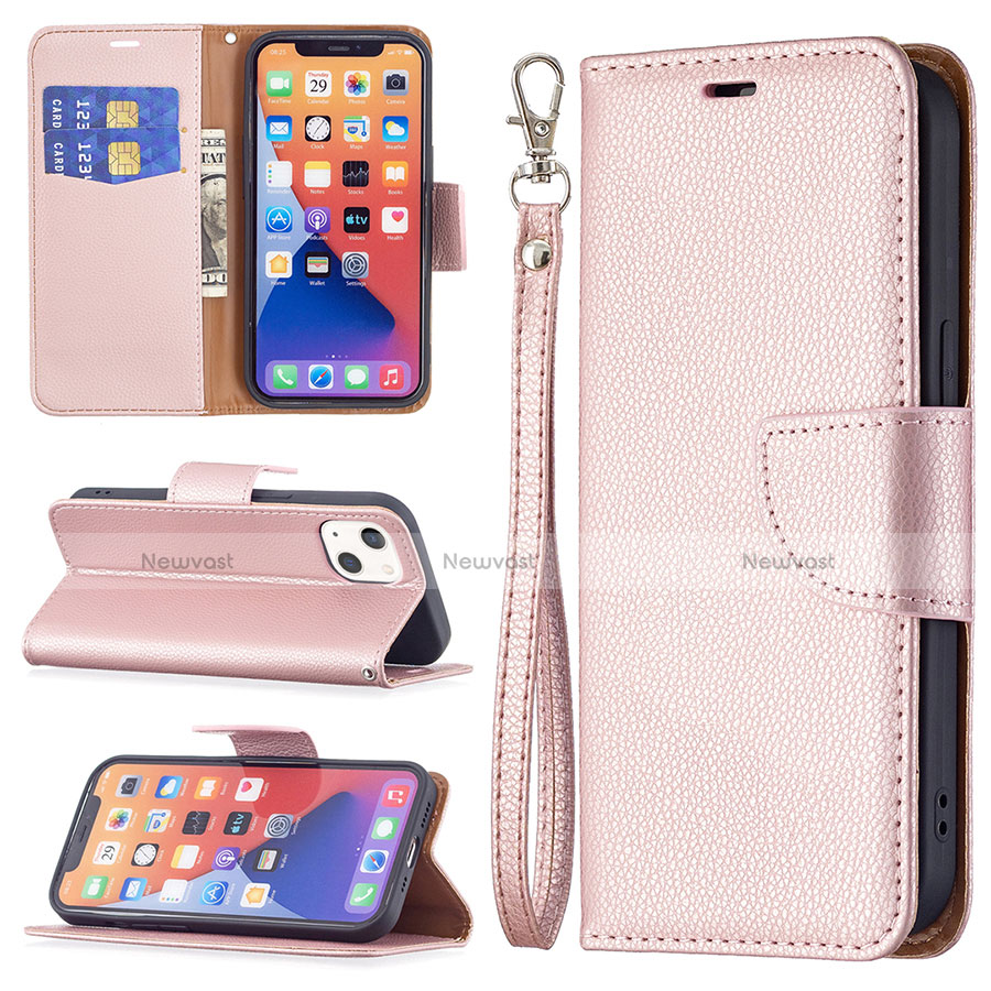 Leather Case Stands Flip Cover Holder for Apple iPhone 13 Mini Rose Gold