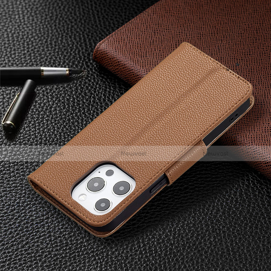 Leather Case Stands Flip Cover Holder for Apple iPhone 13 Pro Max Brown