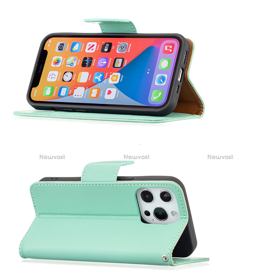 Leather Case Stands Flip Cover Holder for Apple iPhone 13 Pro Max Cyan