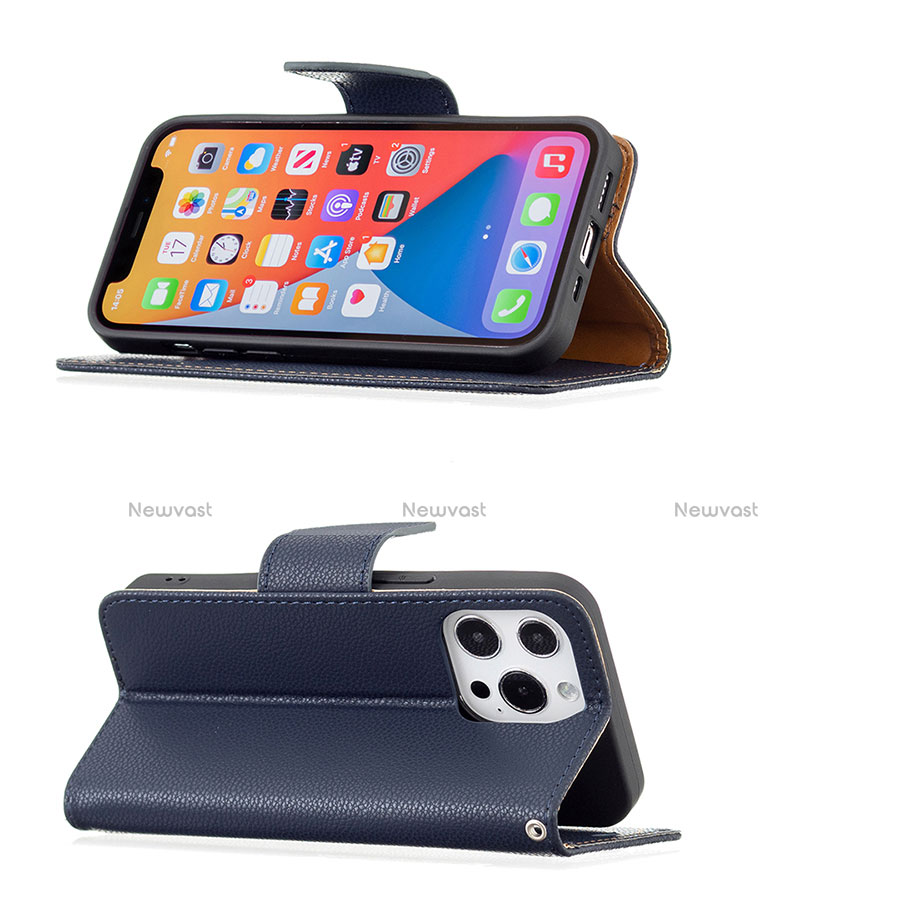Leather Case Stands Flip Cover Holder for Apple iPhone 13 Pro Navy Blue
