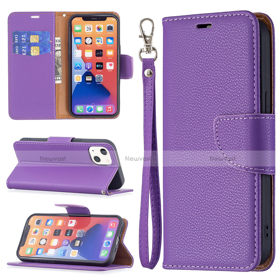 Leather Case Stands Flip Cover Holder for Apple iPhone 13 Purple