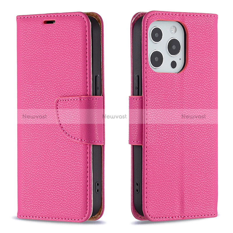 Leather Case Stands Flip Cover Holder for Apple iPhone 16 Pro Hot Pink