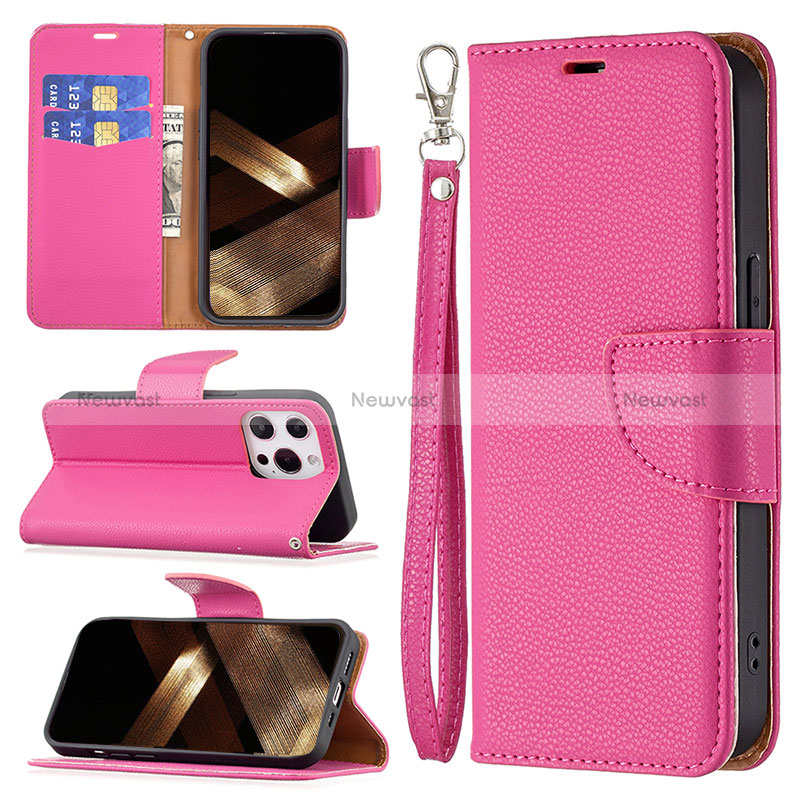 Leather Case Stands Flip Cover Holder for Apple iPhone 16 Pro Hot Pink