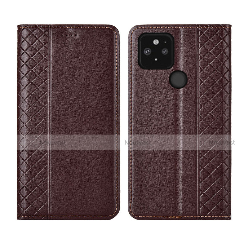 Leather Case Stands Flip Cover Holder for Google Pixel 5 Brown