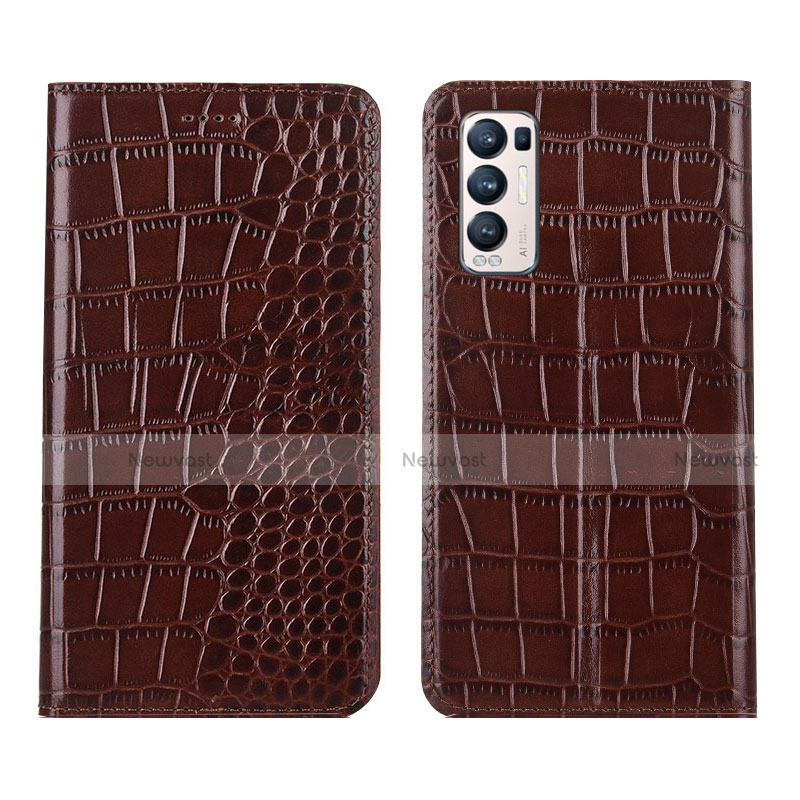 Leather Case Stands Flip Cover Holder for Oppo Reno5 Pro+ Plus 5G Brown