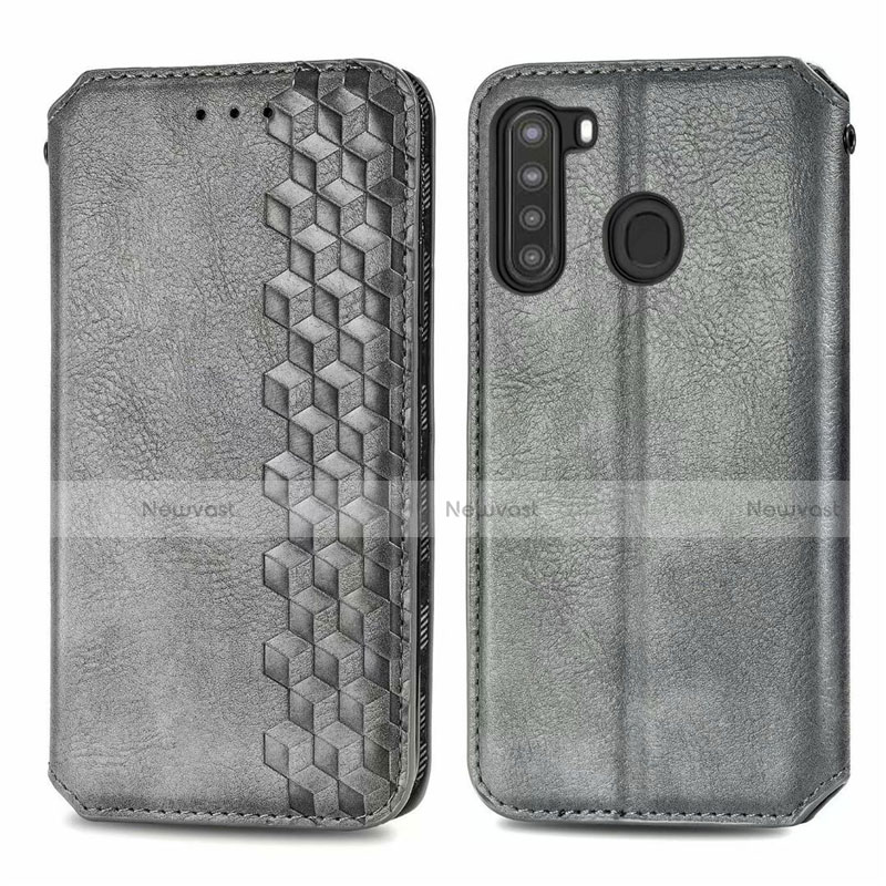 Leather Case Stands Flip Cover Holder for Samsung Galaxy A21 Gray