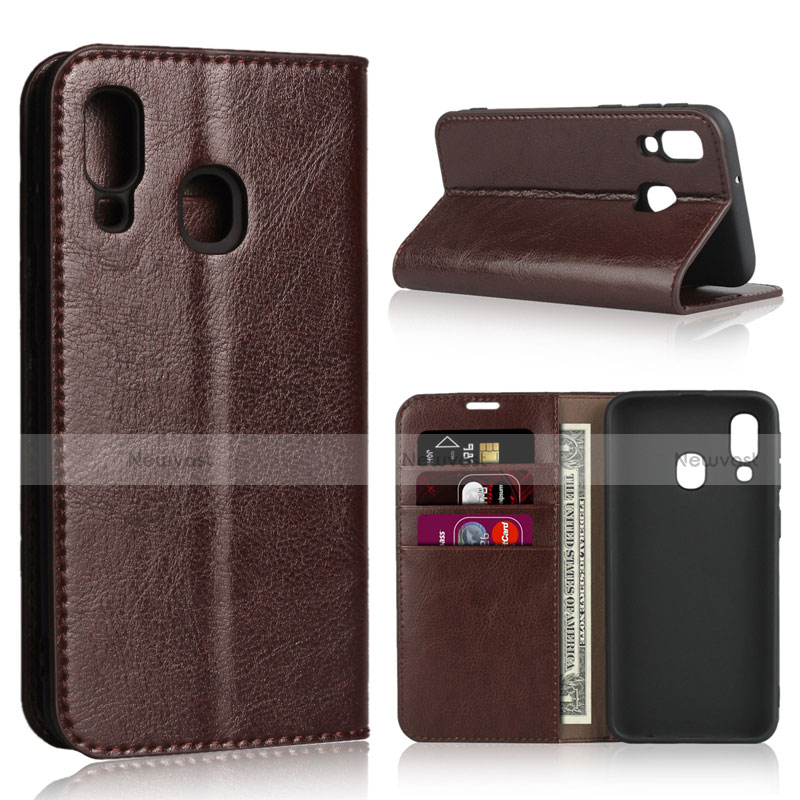 Leather Case Stands Flip Cover Holder for Samsung Galaxy A40 Brown