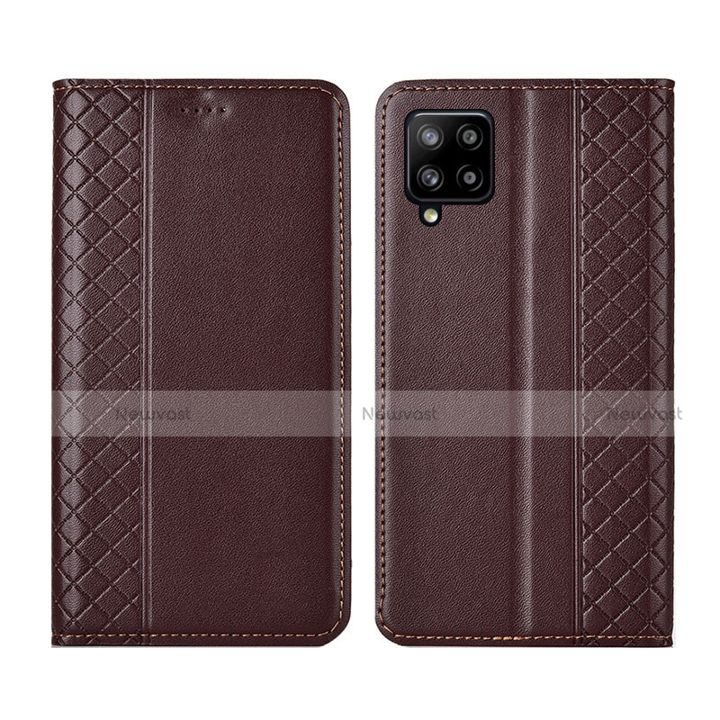 Leather Case Stands Flip Cover Holder for Samsung Galaxy A42 5G Brown
