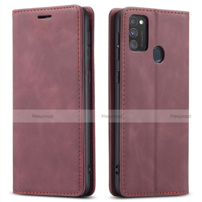 Leather Case Stands Flip Cover Holder for Samsung Galaxy M21 Red Wine