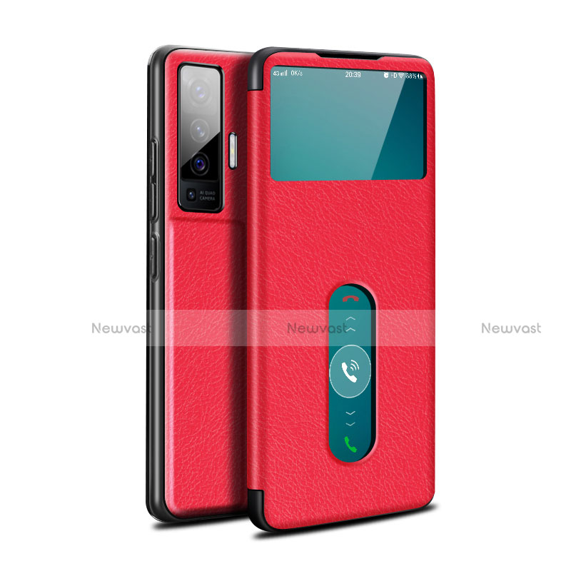 Leather Case Stands Flip Cover Holder for Vivo X50 5G Red