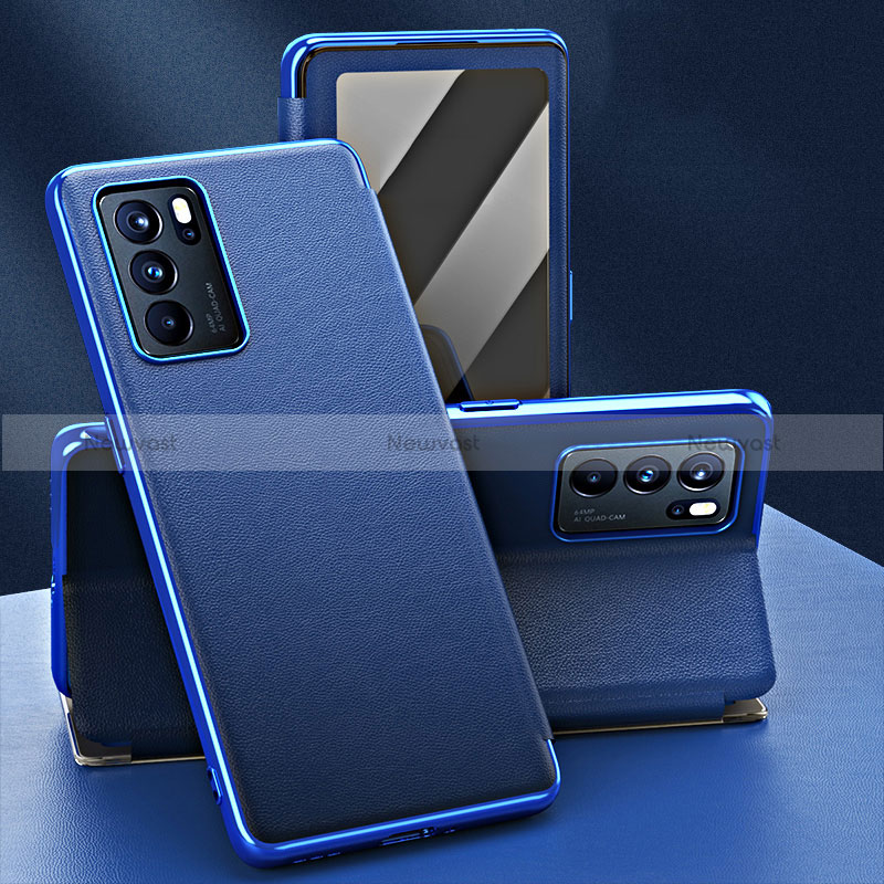 Leather Case Stands Flip Cover Holder GS1 for Oppo Reno6 Pro 5G India Blue