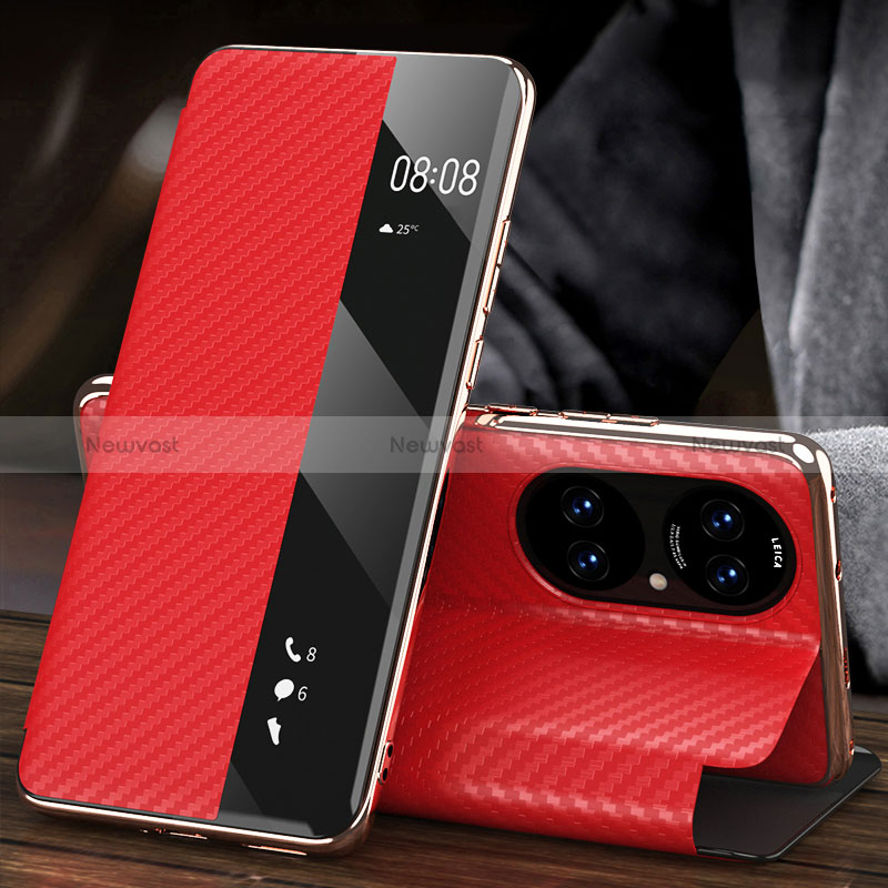 Leather Case Stands Flip Cover Holder GS2 for Huawei P50 Pro Red