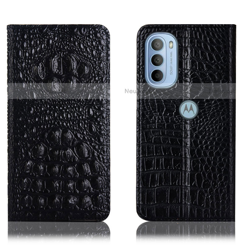 Leather Case Stands Flip Cover Holder H01P for Motorola Moto G31 Black