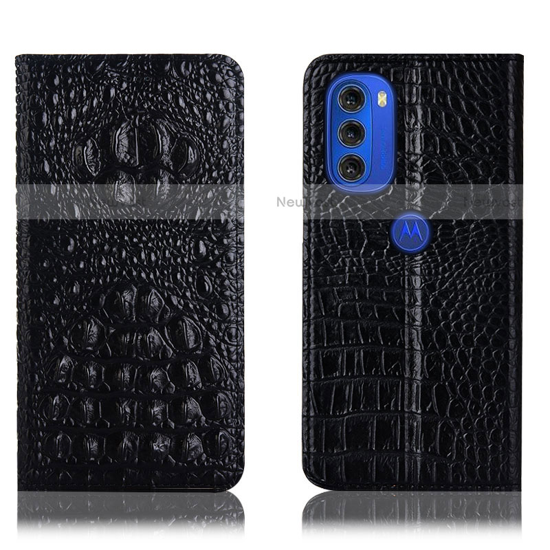 Leather Case Stands Flip Cover Holder H01P for Motorola Moto G51 5G Black